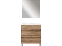 Mueble de baño con Lavabo, Espejo y Aplique LED SIREX 80x45 cm acabado Teca Claro mate 3 cajones con patas