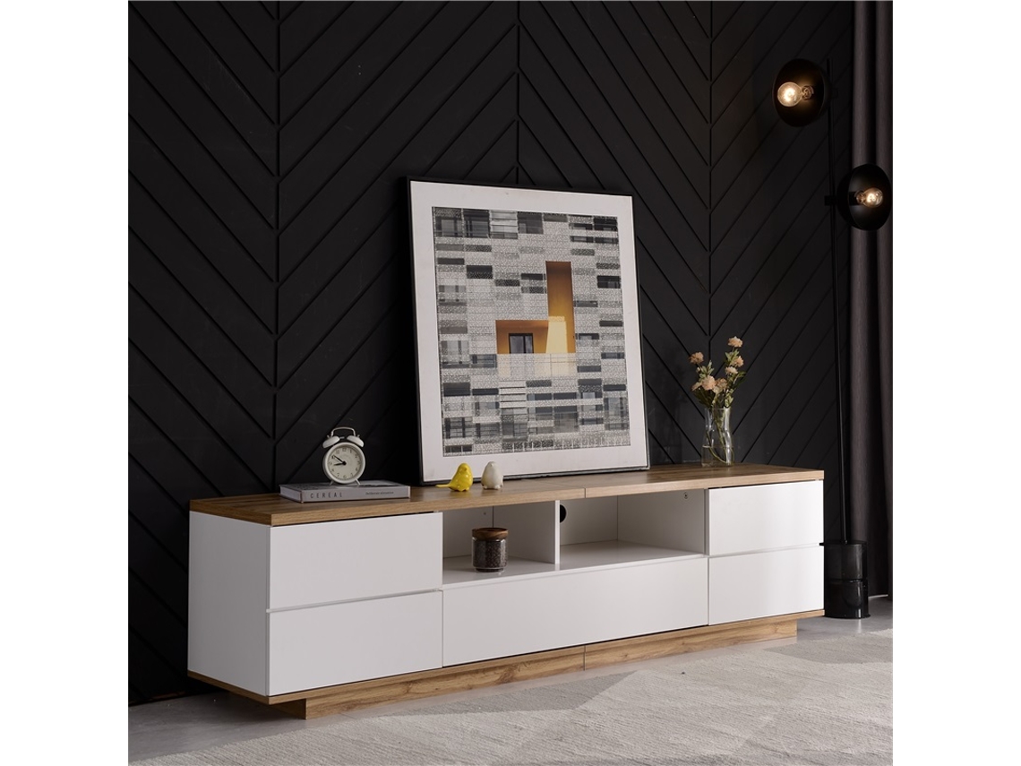 Mueble Tv Blanco 180cm Diseño Bloques Color Madera Moderno Salón