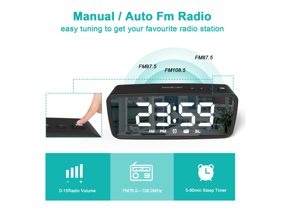 2026-reloj Despertador Digital 5.1'' Con Radio Fm, Espejo, 3 Niveles De Brillo, Modo Oscuro Y Reposo Para Dormitorio