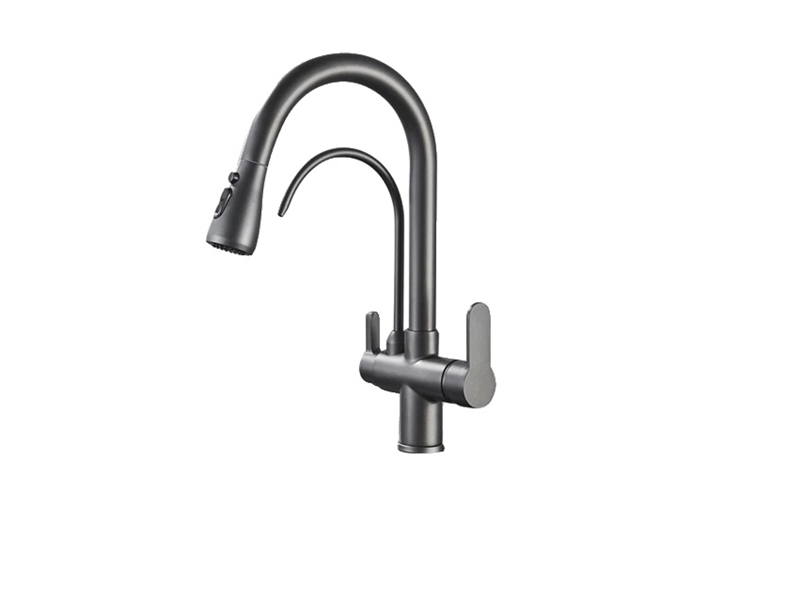 Grifo de cocina con doble manija y caño giratorio, color gris pistola, OEM
