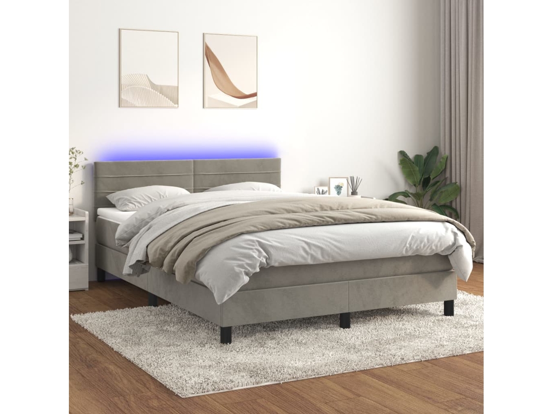 Cama Box Spring Colchón Y Led Terciopelo Gris Claro 140x200 Cm