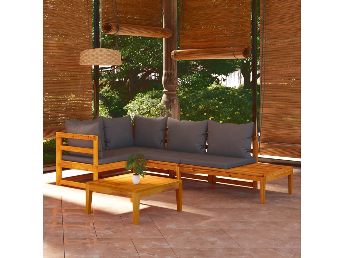 Conjunto de jardín de 4 piezas DKD Home Decor con cojines de acacia gris oscuro