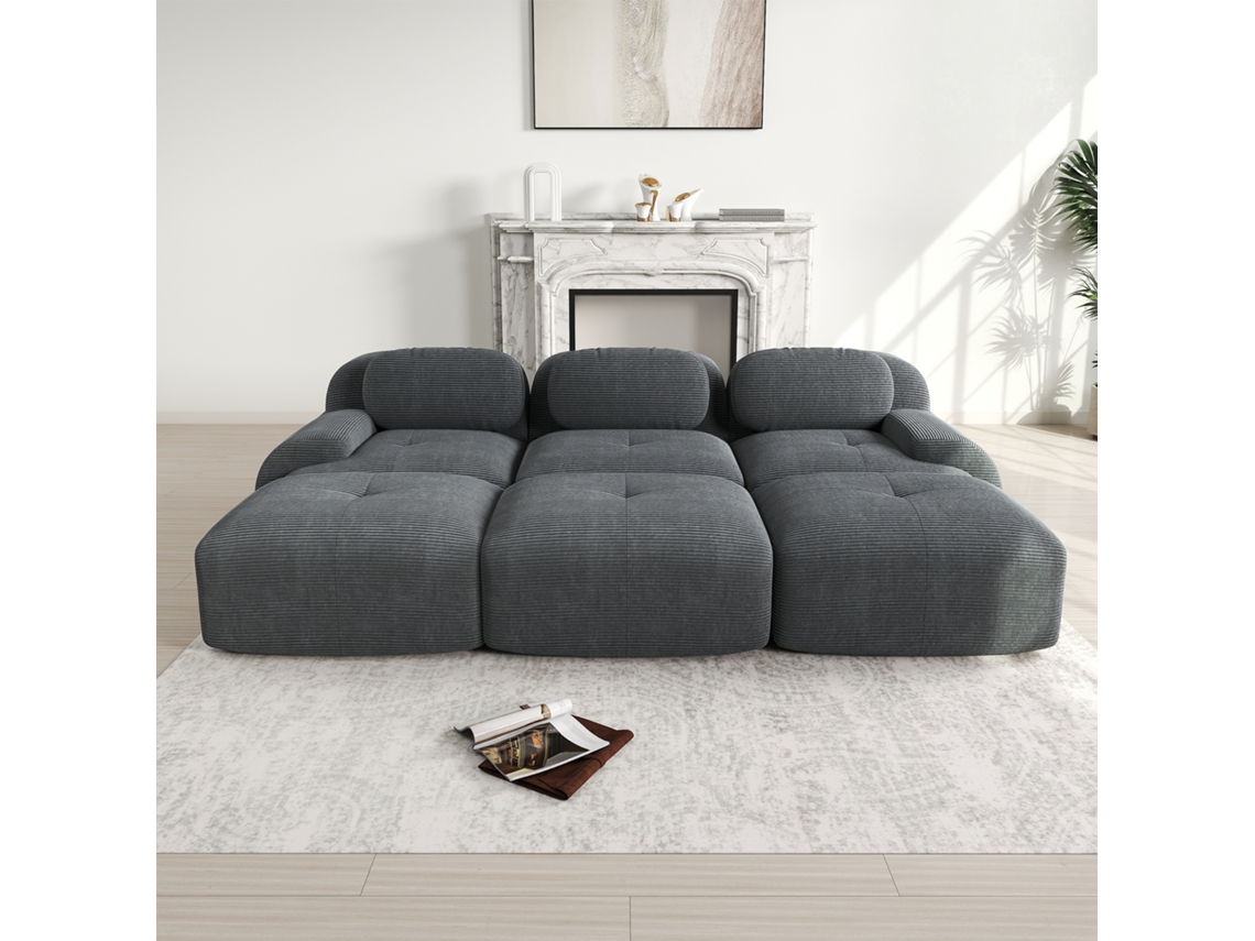 Sofá modular de 3 plazas con 3 otomanas, brazos ultrafinos, montaje sin herramientas, apto para mascotas, color gris