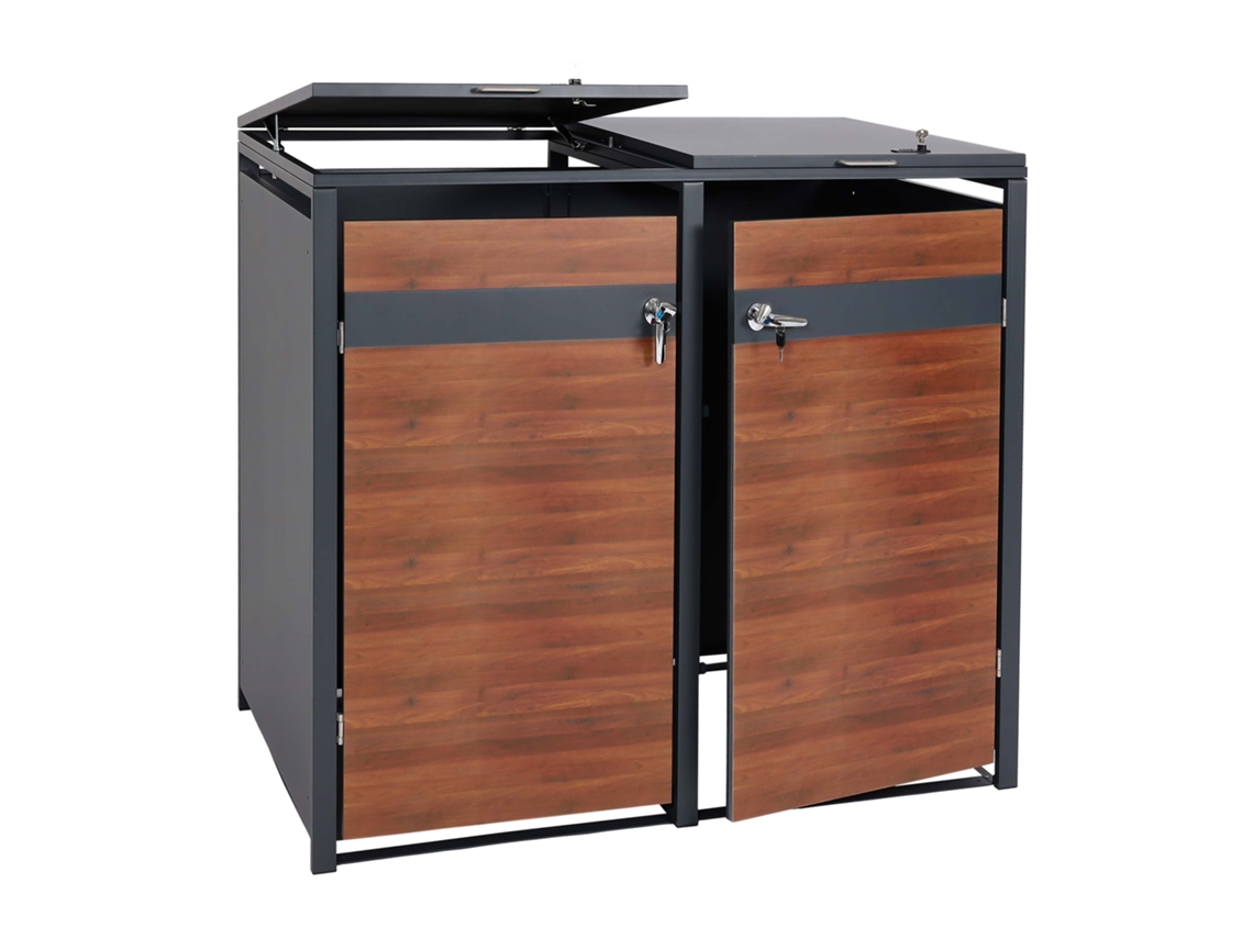 Juego De 2 Cajas De Almacenaje Para Cubos De Basura Estructura Metálica Antracita Con Puertas Imitación Cerezo - Extensible - 50 Kg 04_0006995