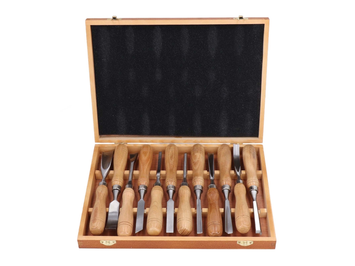Kit de 12 herramientas para grabado en madera con hoja CRV y mango de madera para manualidades.