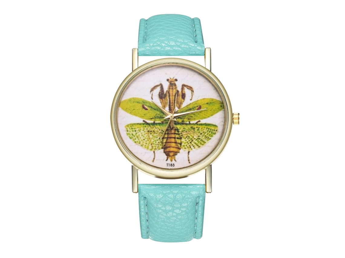 Reloj De Cuarzo Unisex Con Correa De Cuero Pu, Dial Romano Y Patrón De Insecto (menta)