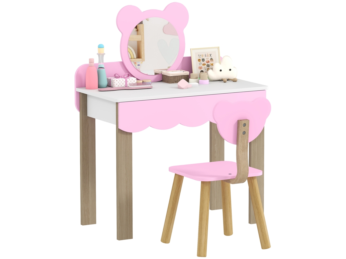 Tocador Infantil Con Taburete Espejo Oso Cajón Mdf Rosa