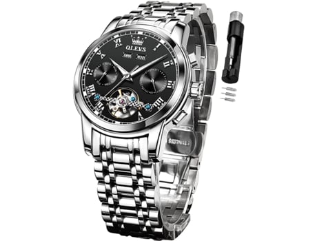 VEANXIN Reloj Automático para Hombre Reloj Mecánico de Negocios de Acero Inoxidable Multicalendario Reloj Luminoso Impermeable(negro plata)