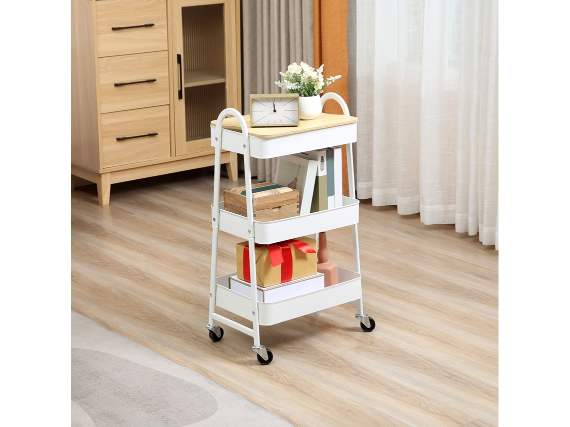 Carrito De Cocina, Carro Metálico De Tres Niveles, Con Ruedas, Gran Capacidad De Almacenaje, Tapa, Acero, Color Blanco, 45x31x79,4 Cm.