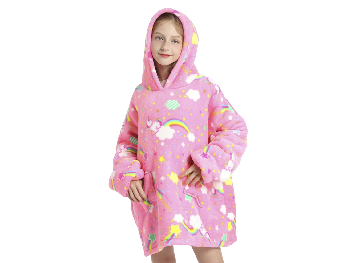 Bata Infantil Estilo Sudadera Y Manta De Felpa Extrasuave. Bolsillos Frontales. Diseño Arcoiris Y Unicornios