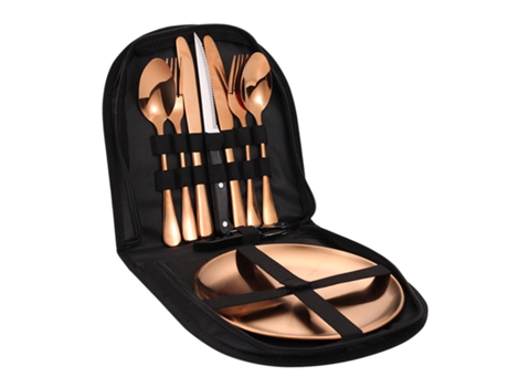 Juego De Cubiertos Portátil De Acero Inoxidable - Oro Rosa (Con Bolsa De Comida Negra) JEIIBRZUI