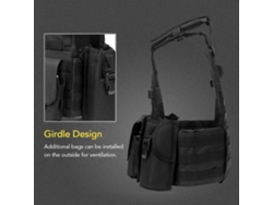 Colete de combate tático com sistema Molle e engate rápido para airsoft e atividades ao ar livre.