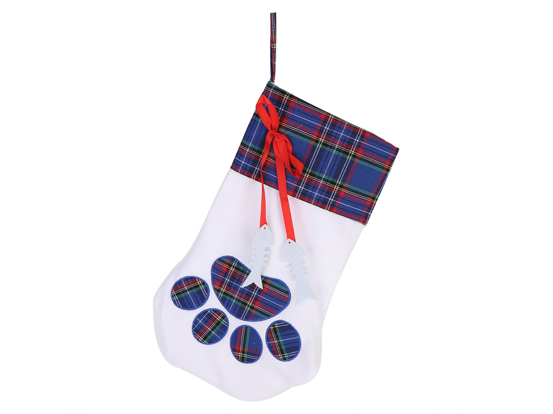 Bolsa de caramelos con estampado de huellas de perro navideñas azules