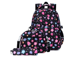 Mochila estudiantil de tres piezas con gran capacidad, color negro estampado