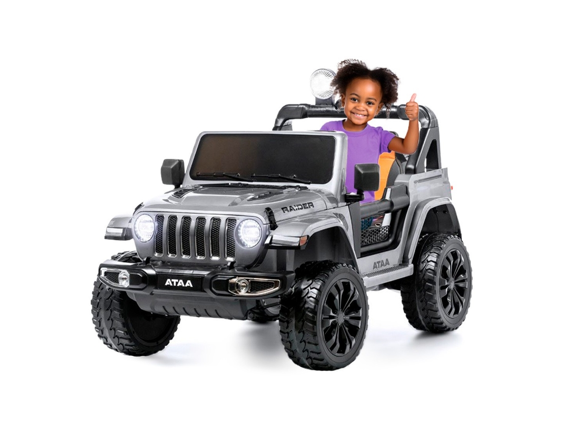 Ataa Raider - Coche eléctrico infantil 4x4 de 12 V con cuatro motores, pintura metalizada y luces LED grises