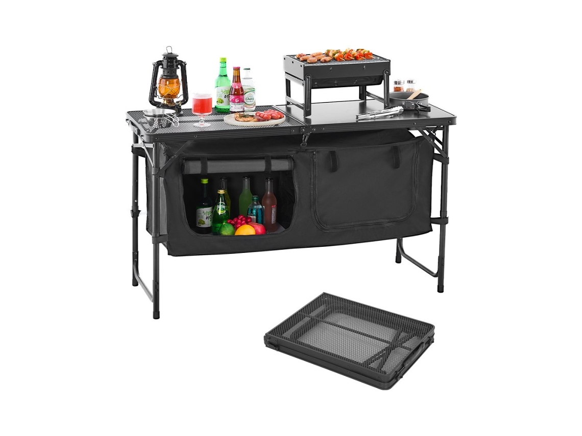 Mesa de cocina portátil y plegable con almacenamiento y patas ajustables Tekmaquinas