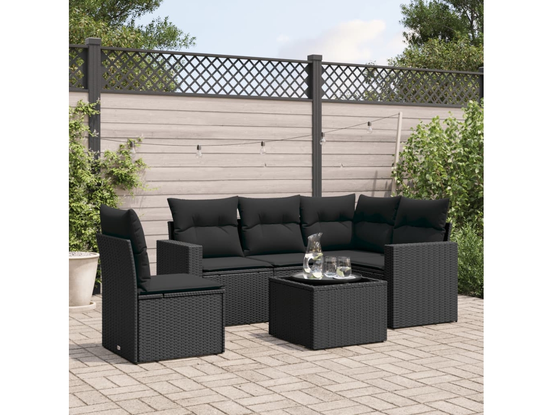 Conjunto de sofá de jardín de 6 piezas con cojines, mimbre sintético negro, DKD Home Decor