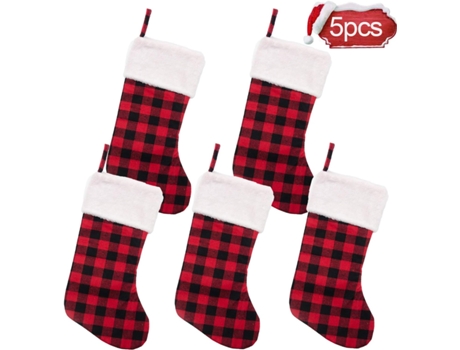 Medias de Navidad - Adorno de medias de Navidad a cuadros rojos y negros de 16.5 pulgadas con puño de felpa, 5 piezas