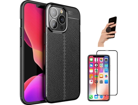 Carcasa + Protector + Popsocket iPhone 13 Pro Max Rugged Leather Negro