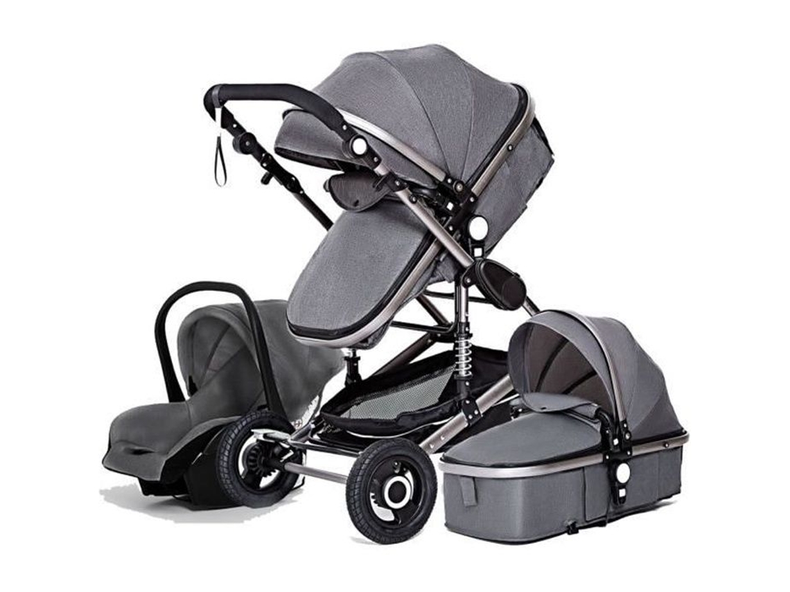 Luxcar Trio Pack 3 en 1, cochecito combinado, gris, chasis alto, amortiguador, plegable, asiento reversible, ruedas antipinchazos