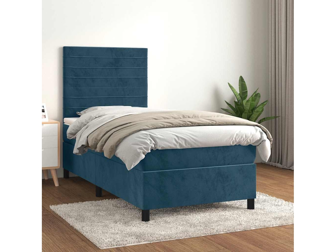 Cama Individual | Cama Box Spring Con Colchón Terciopelo Azul Oscuro 100x200 Cm