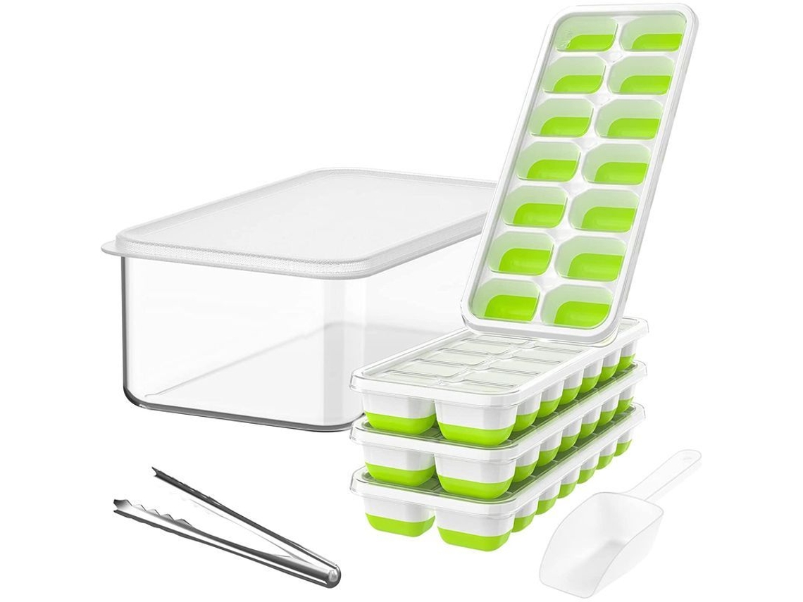 Juego De 4 Bandejas De Plástico Para Cubitos De Hielo Con Tapa, Caja Para Hielo, Pinzas Y Espátulas (verde)