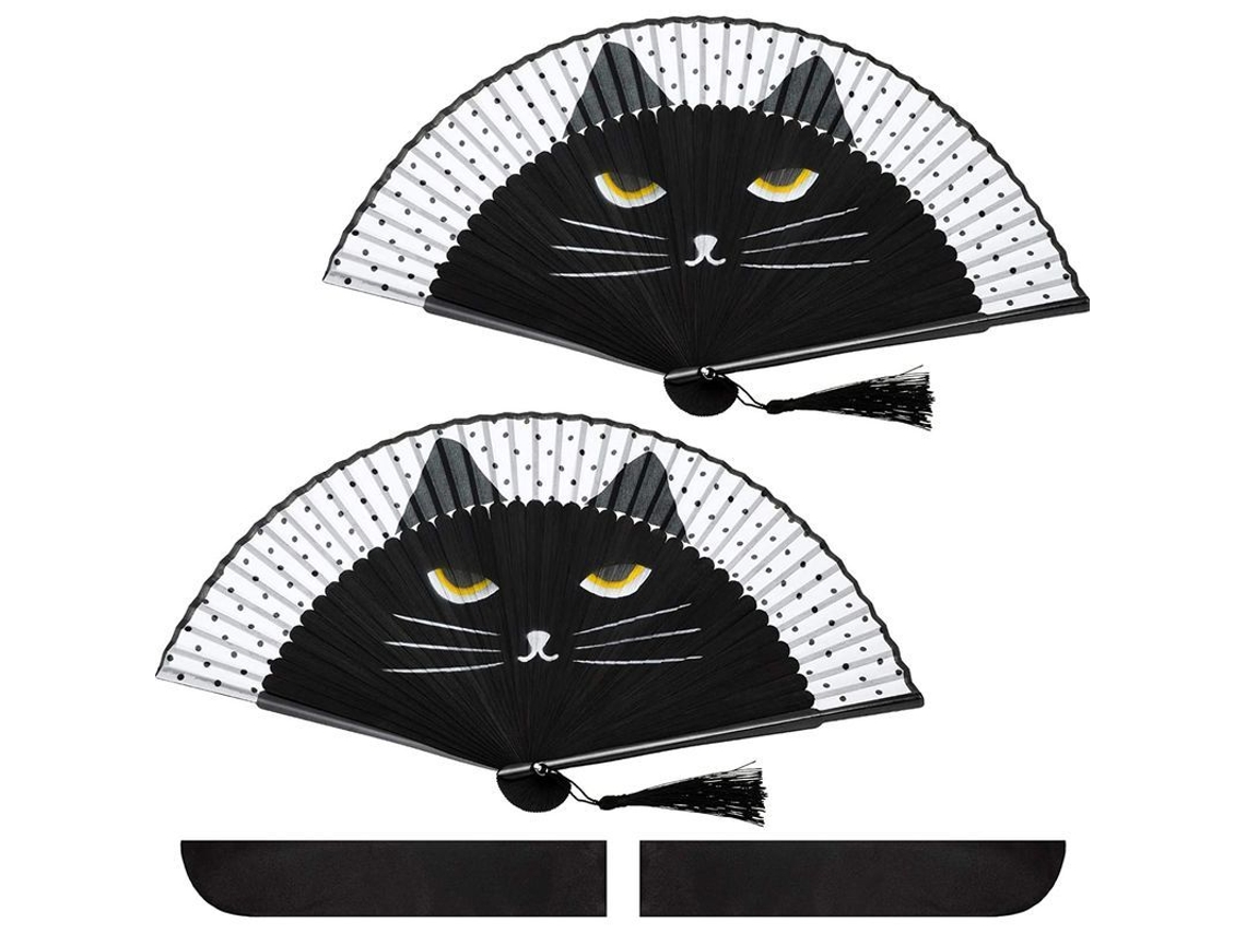 Abanico Plegable Con Forma De Gato De Dibujos Animados Para Mujer Con Bolsa De Almacenamiento, De Seda Y Bambú.
