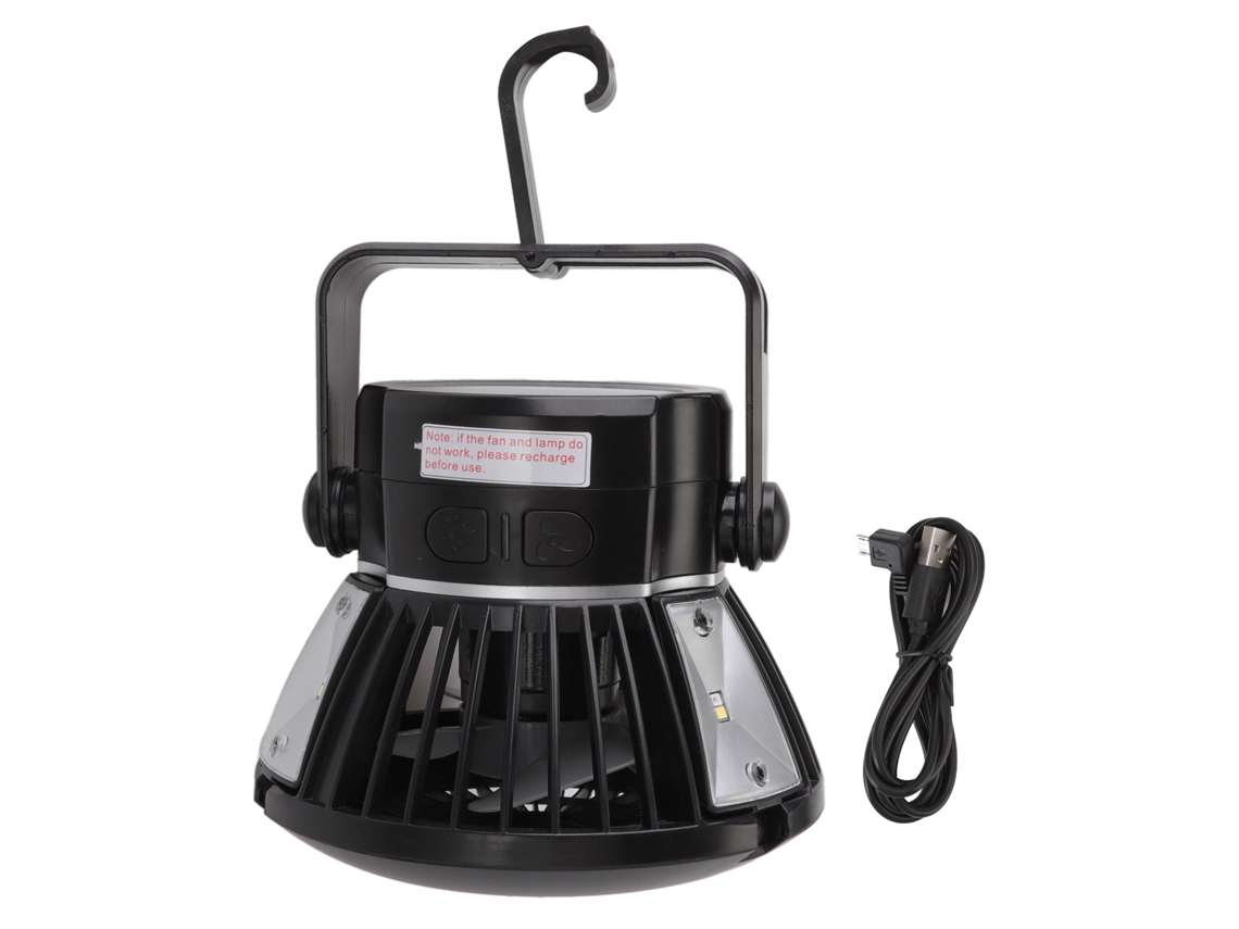Ventilador solar portátil 3 en 1 para camping con luz LED.