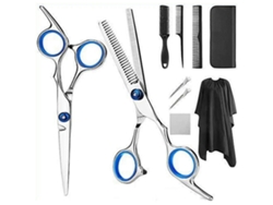 Juego de 10 tijeras de peluquería con peines y funda de acero inoxidable para barberías y peluquerías, color azul.