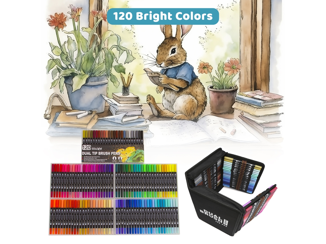 Juego De 120 Rotuladores De Colores Con Doble Punta (pincel Y Fina) Para Dibujo, Pintura, Caligrafía Y Proyectos Artísticos.