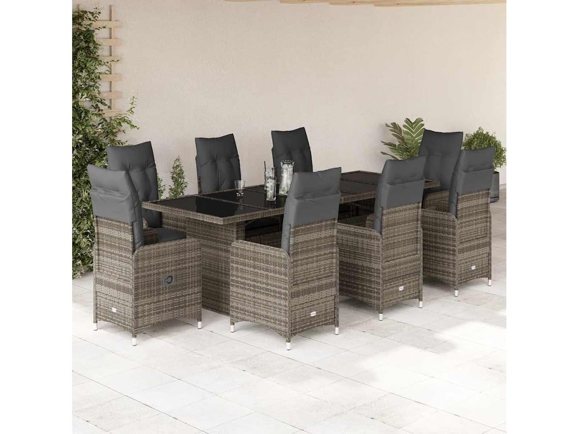 Conjunto de bistró de jardín de 9 piezas con cojines de mimbre gris de DKD Home Decor