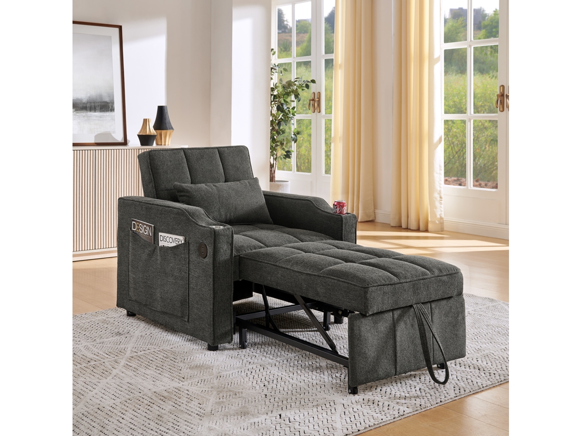 Sofá cama 3 en 1 minimalista, elegante y lujoso con diseño deslizante, función de carga USB, perfecto para siestas, gris.