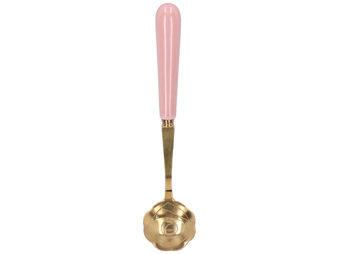 Cucharilla de acero inoxidable con forma de flor y mango rosa.