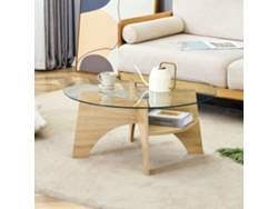 Mesa De Centro Redonda Ø80 Cm - Cristal Transparente, Estructura Mdf En Madera Natural
