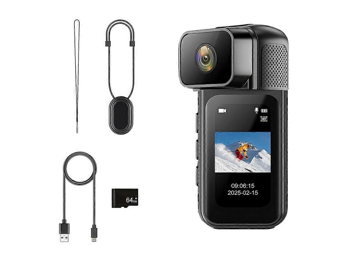 Mini cámara corporal wifi 2.7k, cámara POV de 64 GB con lente giratoria de 180°, mini cámara deportiva para grabación diaria de ciclismo y animales.