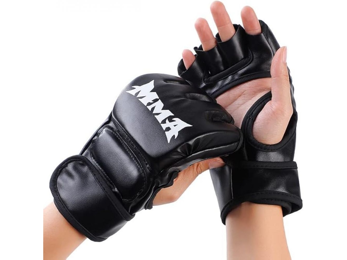 Guantes MMA negros con forro de PU y látex, de medio dedo, resistentes, suaves, transpirables, gruesos, para boxeo, saco de arena, muay thai, taekwondo y arena.