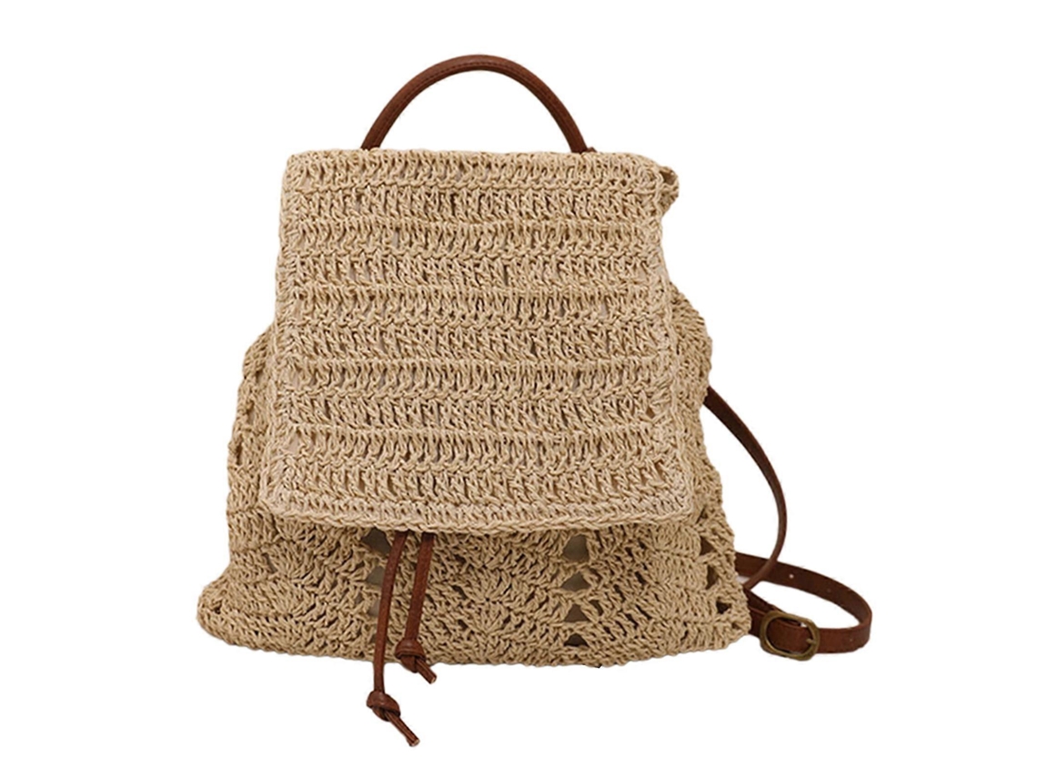 Bolso bandolera trenzado, moderna mochila de paja para mujer con cierre de solapa y cordón ajustable, ideal para la playa.