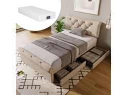 Cama Individual Chesterfield De 90x200 Cm Con Cajones, Cabecero Ajustable Y Colchón Incluido.
