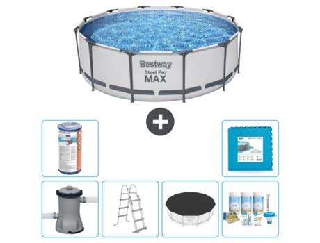 Piscina BESTWAY Round Steel Pro MAX - 366 x 100 cm - Gris - Incluida bomba - Escalera Cubrir - Paquete de mantenimiento - Filtrar - Baldosas