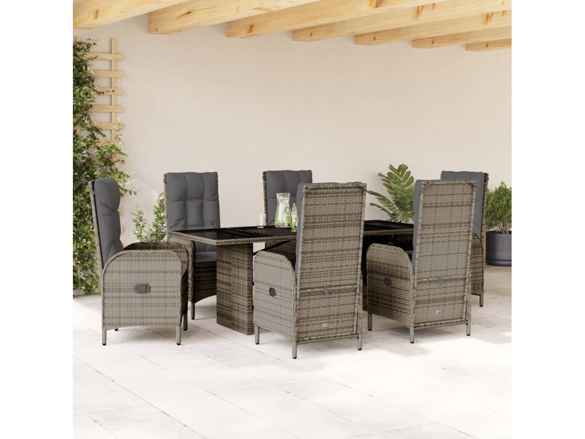 Juego de comedor de jardín de 7 piezas con cojines, mimbre gris, DKD Home Decor