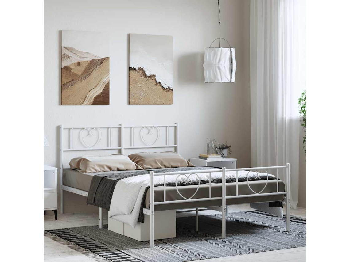 Cama De Matrimonio | Cama Para Adultos | Estructura Cama Sin Colchón Con Estribo Metal Blanco 150x200 Cm