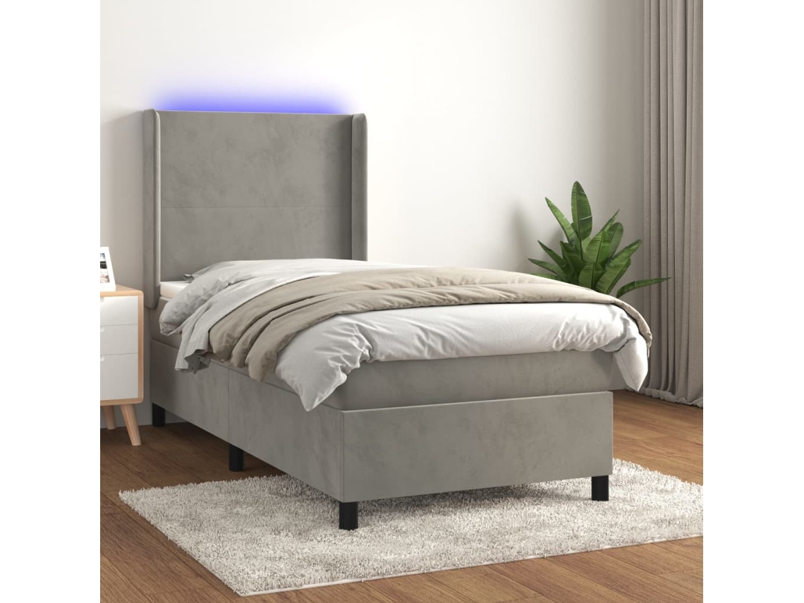 Cama Box Spring Colchón Y Led Terciopelo Gris Claro 90x190 Cm
