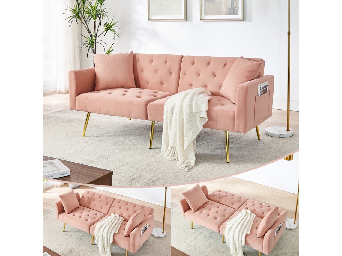 Sofá doble de terciopelo rosa, respaldo reclinable en 3 niveles, cojines incluidos, patas de metal, ideal para apartamentos.