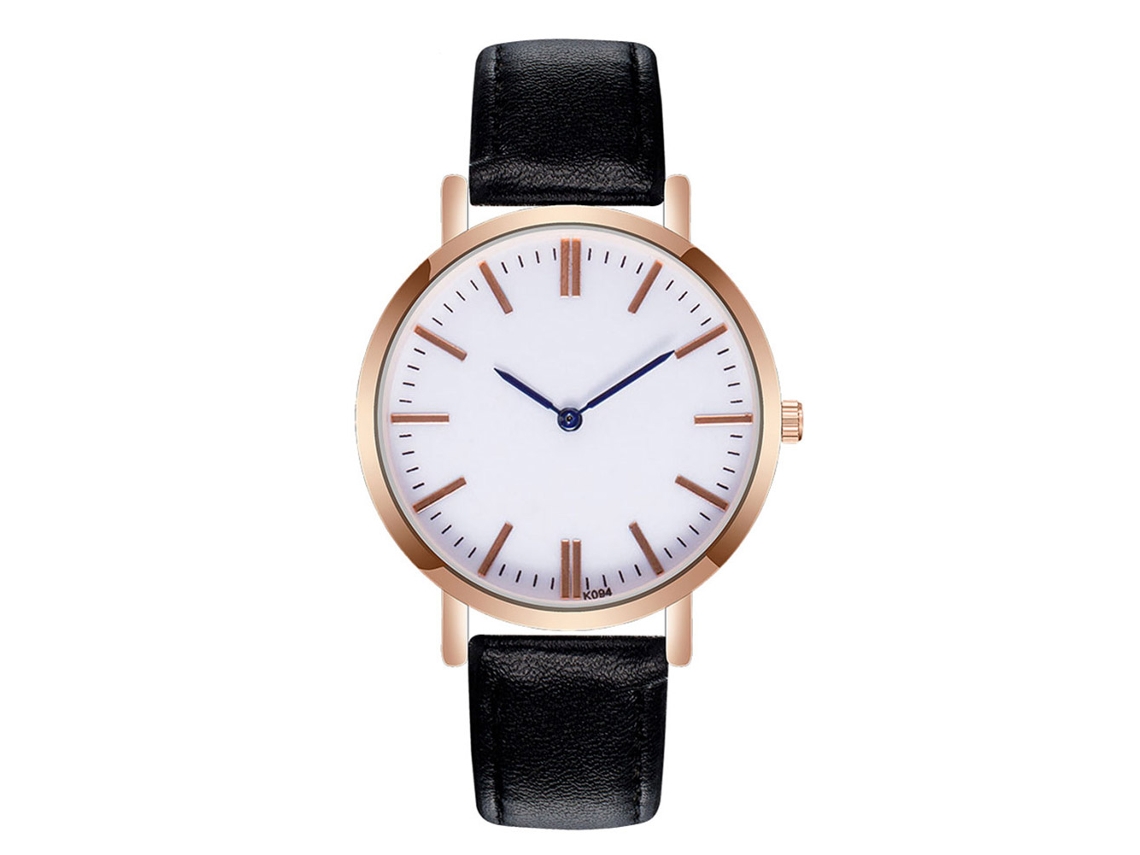 Reloj Unisex Con Correa De Piel Sintética, Esfera Blanca Y Manecillas Azules - Negro