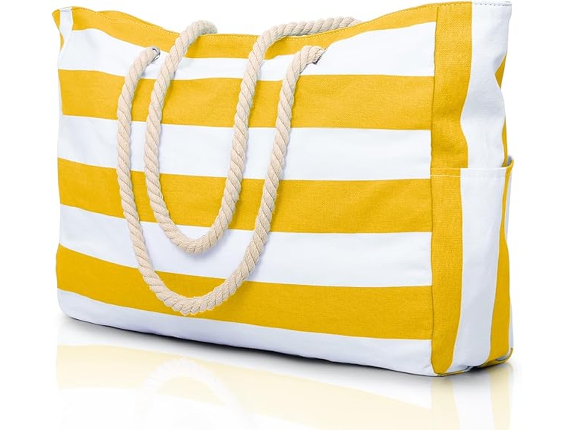 Bolsa de playa grande impermeable de rayas amarillas y blancas, modelo Tommy01.