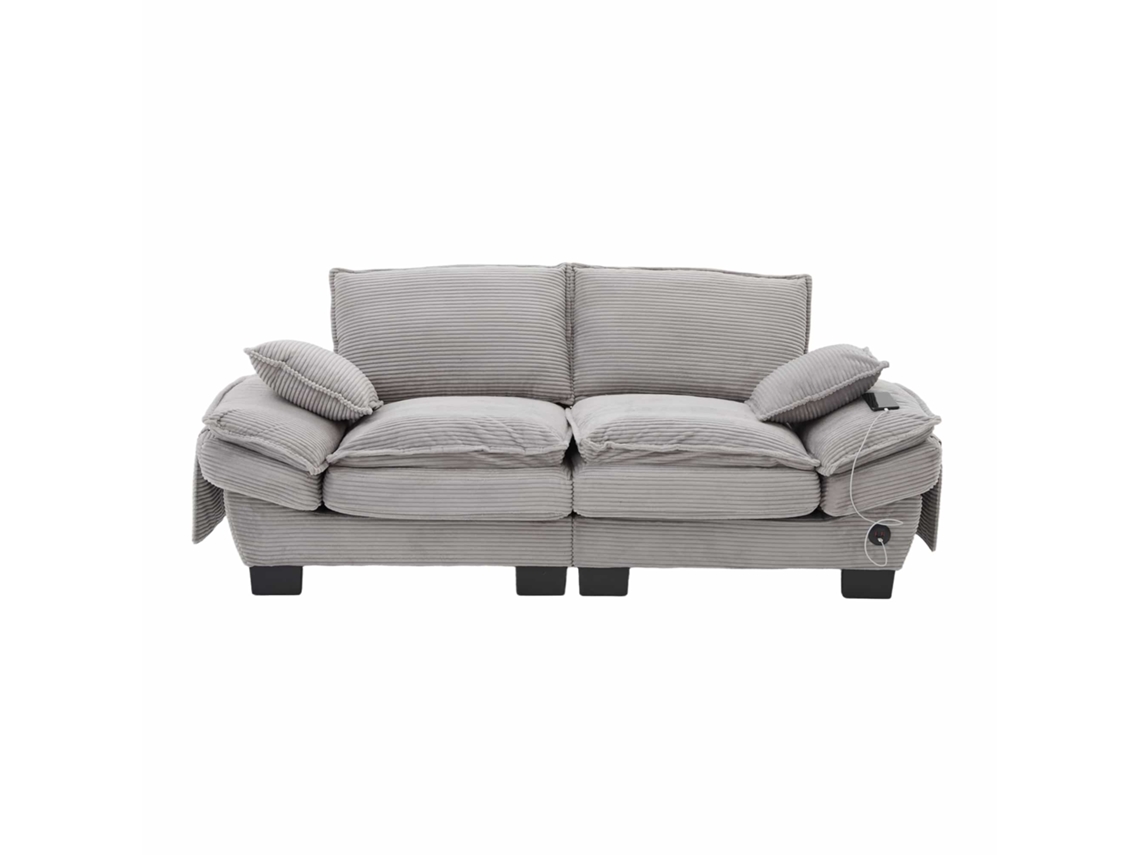 Sofá modular de 2 plazas: asiento ancho, diseño ergonómico, espuma de alta densidad, puerto USB-C y bolsillos laterales. Color gris claro.