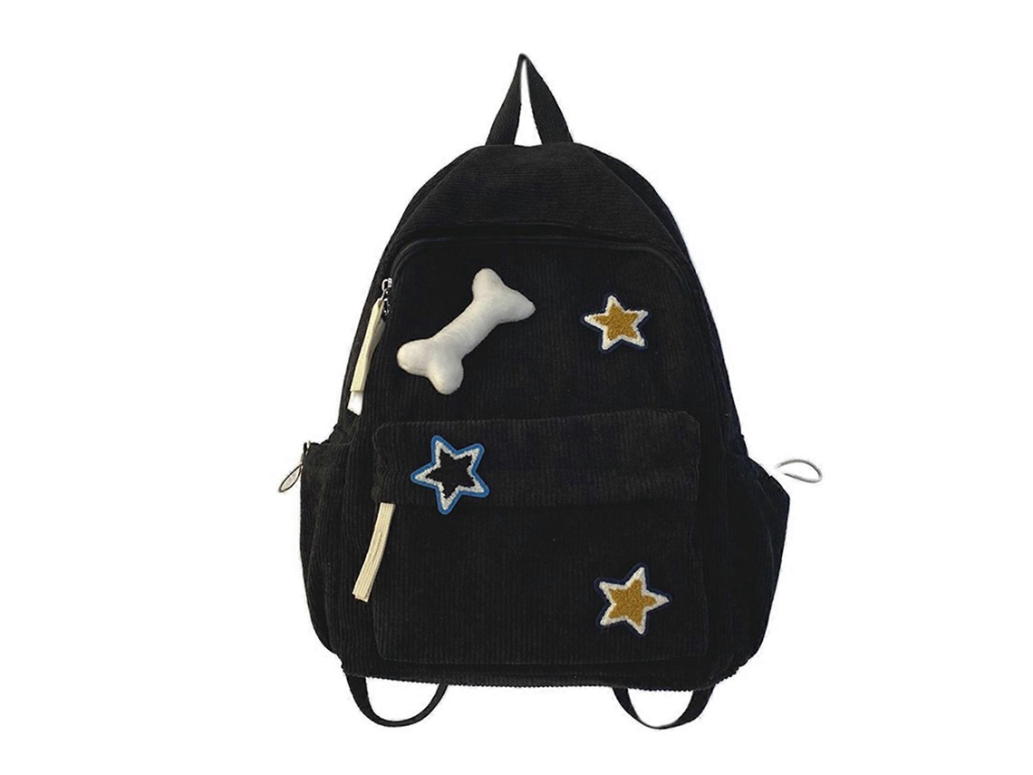 Mochila moderna y elegante para mujer, ligera, ideal para viajar, con estampado de estrellas, en pana, espaciosa y perfecta para el colegio. Negra.