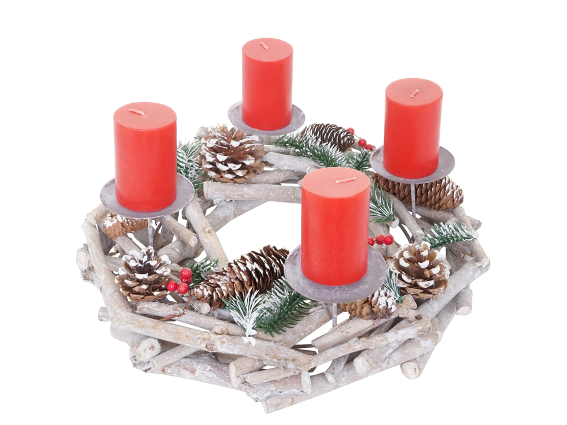Corona de Adviento redonda, decoración navideña de mesa de madera, Ø 35 cm, blanco grisáceo, con velas blancas 04_0002566