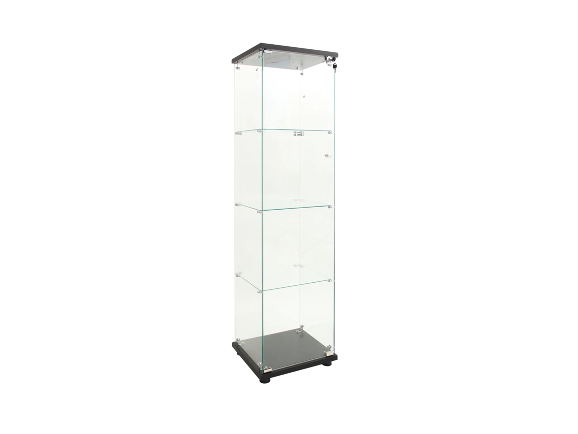 Vitrina de cristal con iluminación LED, diseño que ahorra espacio, cuatro estantes negros e iluminación.