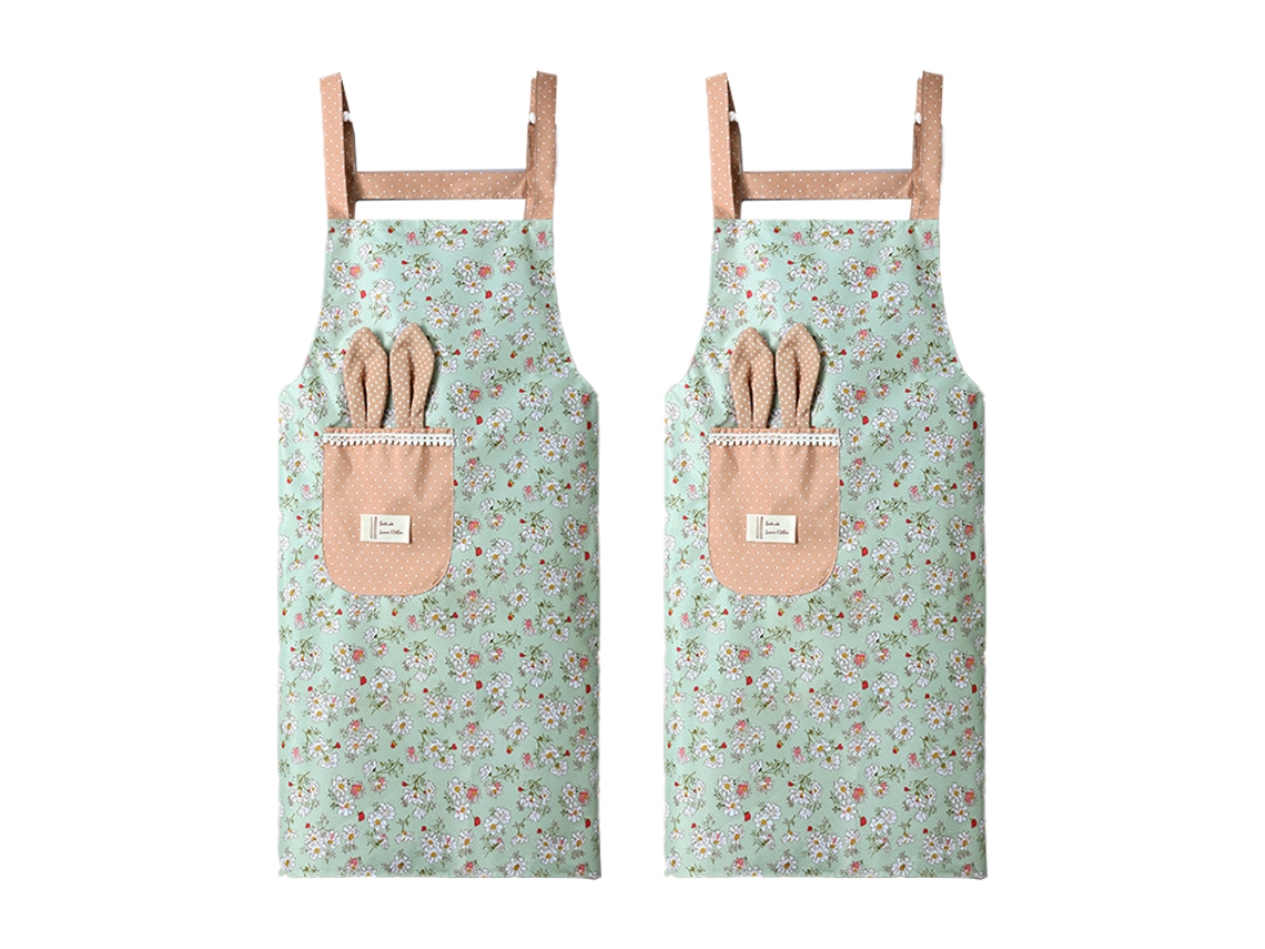 Delantal Floral Con Orejas De Conejo 2 Piezas, Femenino, Impermeable, Verano, Cocina, Lona, Catering